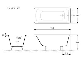 Ванна чугунная Vinsent Veron Devon VDV1757545 175x75см без отверстий для ручек